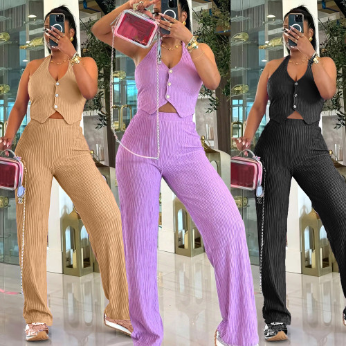 Two piece set of slim fit vest high waisted wide leg pants