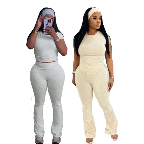 Sports round neck T-shirt low waisted flared pants with two-piece set