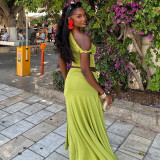 Single shoulder flower exposed navel skirt set with pleated slanted collar two-piece set