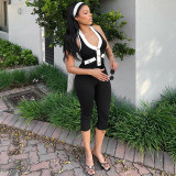 Hanging neck contrasting color backless high waist small slit set