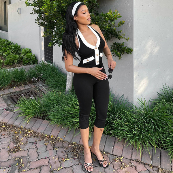 Hanging neck contrasting color backless high waist small slit set