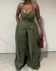 Hanging neck V-neck irregular sleeveless high waisted ribbon jumpsuit