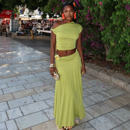 Single shoulder flower exposed navel skirt set with pleated slanted collar two-piece set