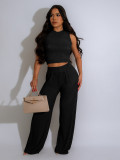Two piece set of high elasticity knitted pit stripe wide leg pants