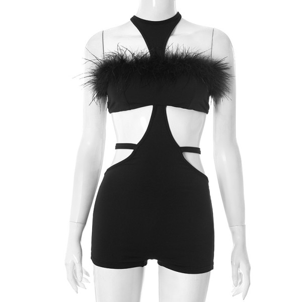 Hanging neck, hairy, big backless, tied rope, hollowed out jumpsuit shorts