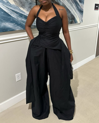 Hanging neck V-neck irregular sleeveless high waisted ribbon jumpsuit