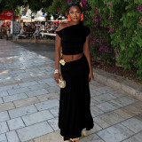 Single shoulder flower exposed navel skirt set with pleated slanted collar two-piece set