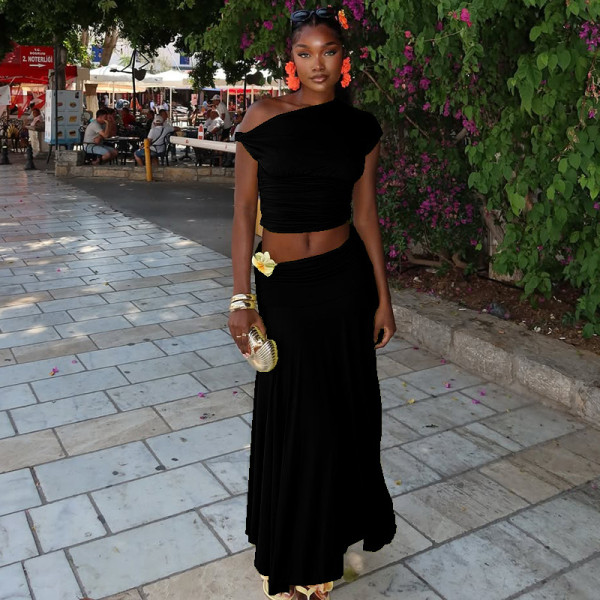 Single shoulder flower exposed navel skirt set with pleated slanted collar two-piece set