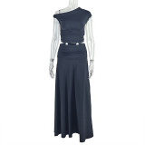 Single shoulder flower exposed navel skirt set with pleated slanted collar two-piece set