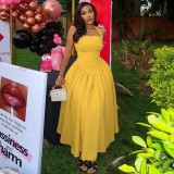Waist pleated A-line skirt with hanging neck, sleeveless long dress