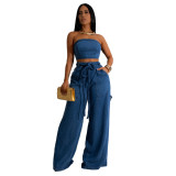 Denim strapless braided wide leg pants set