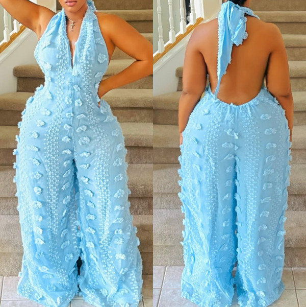 Hanging neck V-neck large swing ribbon jumpsuit