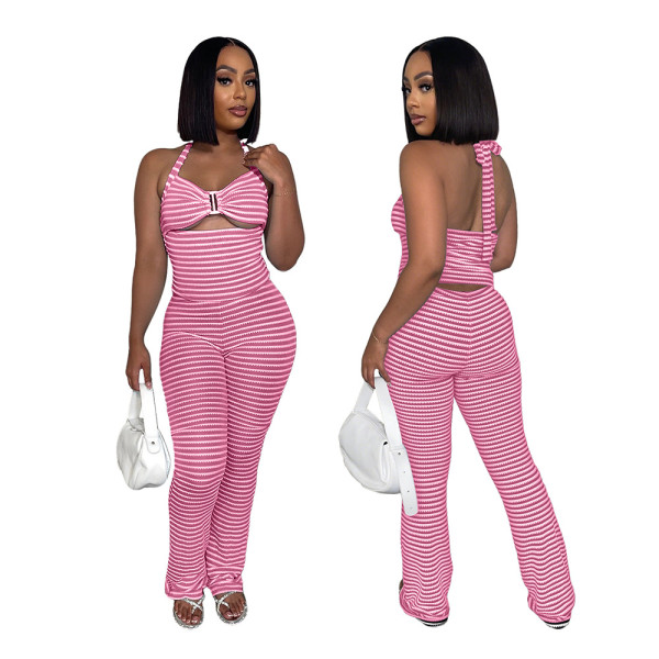 Two piece set of striped lace up short top and pencil pants