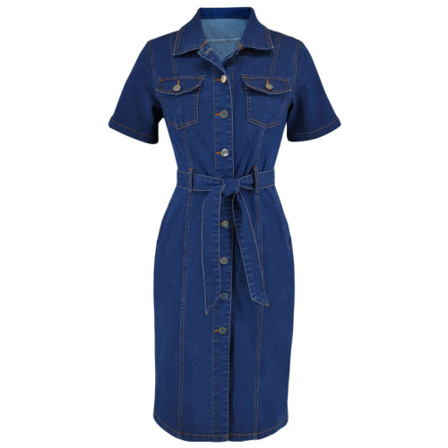 Cowboy collar short sleeved waist cinched dress
