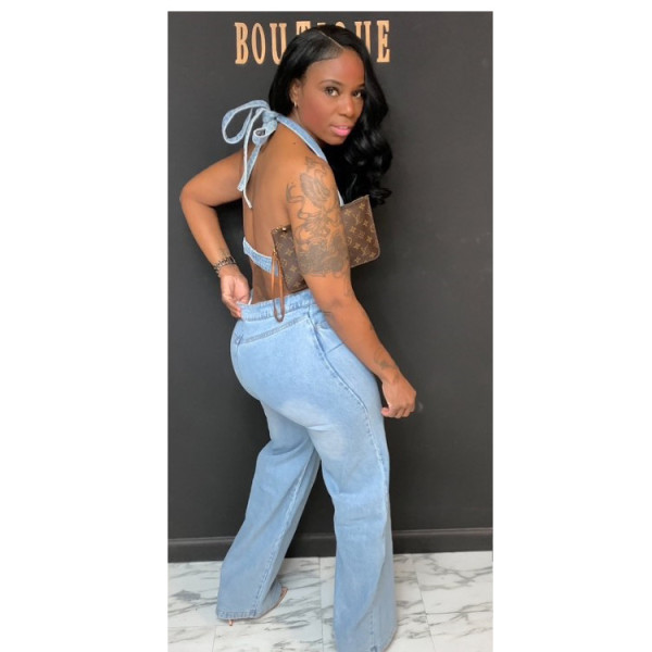 Hanging neck and chest wrapped one-piece jeans