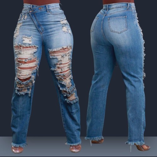 Straight leg personalized waist elastic cut fringe jeans