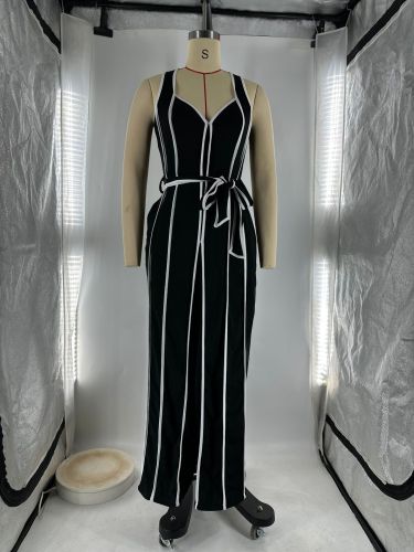 Color blocking V-neck wide leg jumpsuit