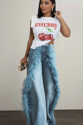 Splicing fuzzy edge decoration denim straight leg pants
