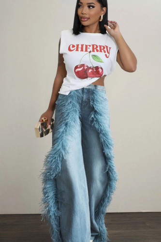Splicing fuzzy edge decoration denim straight leg pants