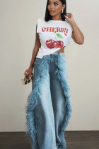 Splicing fuzzy edge decoration denim straight leg pants Splicing fuzzy edge decoration denim straight leg pants