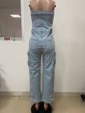 Strapless one shoulder cardigan with buttons and large pockets, washed denim jumpsuit pants