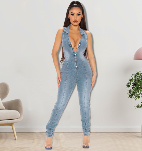 Sleeveless open chest wash denim jumpsuit