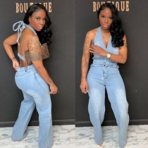 Hanging neck and chest wrapped one-piece jeans