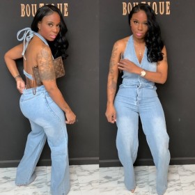 Hanging neck and chest wrapped one-piece jeans