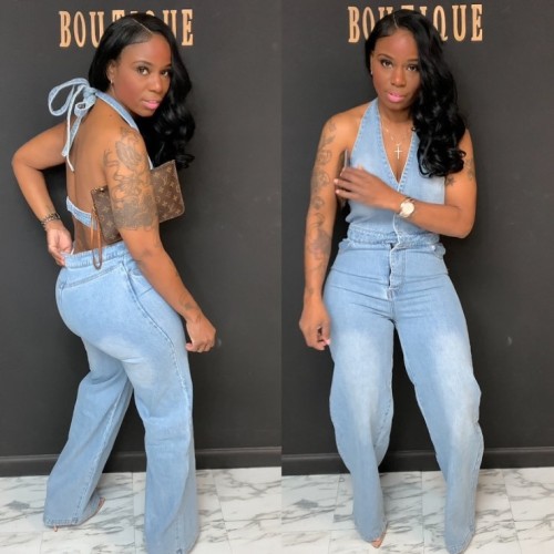 Hanging neck and chest wrapped one-piece jeans