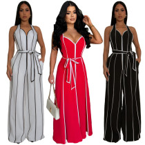 Color blocking V-neck wide leg jumpsuit