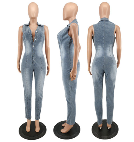 Sleeveless open chest wash denim jumpsuit