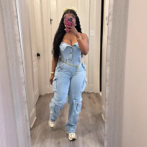 Strapless one shoulder cardigan with buttons and large pockets, washed denim jumpsuit pants