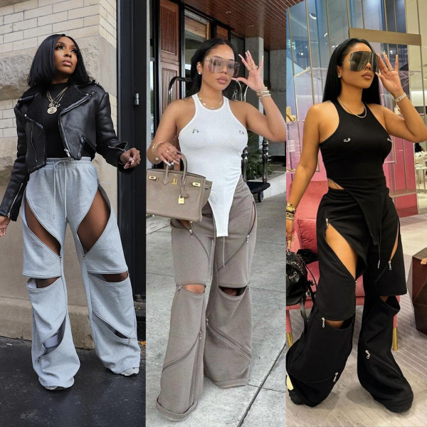 Splicing multiple zippers, elastic waistband, drawstring, loose straight leg flared pants