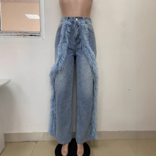 Splicing fuzzy edge decoration denim straight leg pants