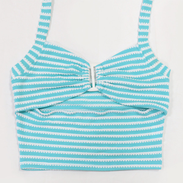 Two piece set of striped lace up short top and pencil pants