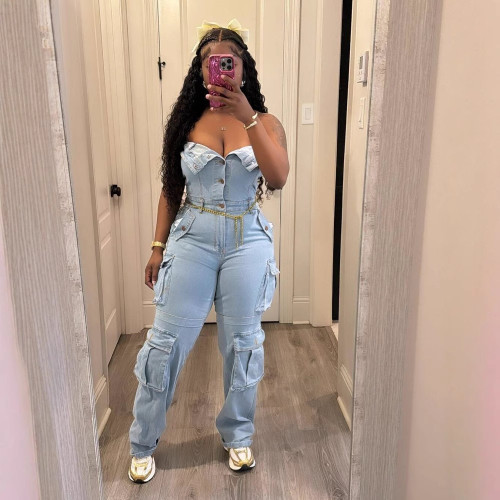 Strapless one shoulder cardigan with buttons and large pockets, washed denim jumpsuit pants