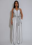 Color blocking V-neck wide leg jumpsuit