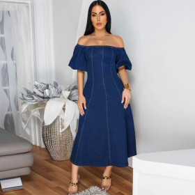 Cowboy elastic U-neck short sleeved long dress