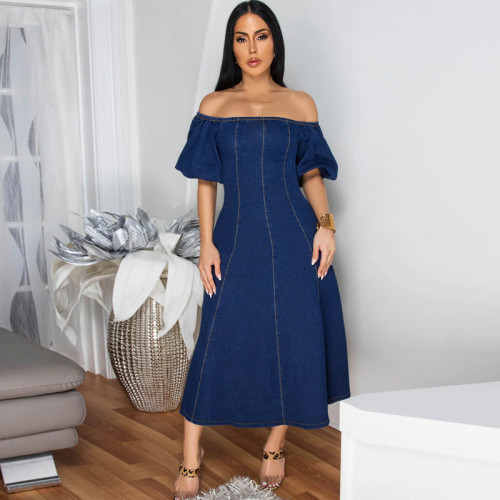Cowboy elastic U-neck short sleeved long dress
