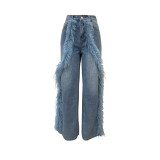 Splicing fuzzy edge decoration denim straight leg pants