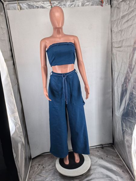 Denim strapless braided wide leg pants set