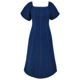 Cowboy elastic U-neck short sleeved long dress