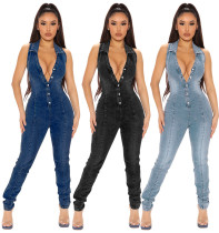 Sleeveless open chest wash denim jumpsuit