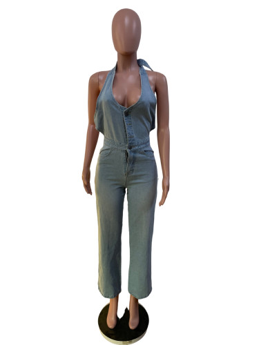 Hanging neck and chest wrapped one-piece jeans