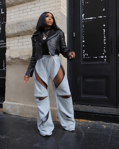 Splicing multiple zippers, elastic waistband, drawstring, loose straight leg flared pants