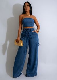 Denim strapless braided wide leg pants set