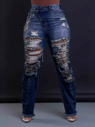 Straight leg personalized waist elastic cut fringe jeans