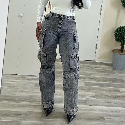 Cut and wash white straight leg loose denim multi pocket pants