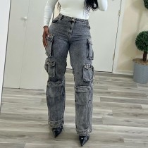 Cut and wash white straight leg loose denim multi pocket pants Cut and wash white straight leg loose denim multi pocket pants