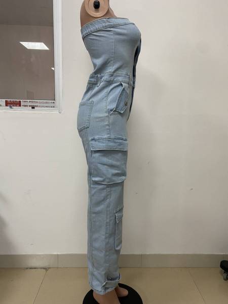 Strapless one shoulder cardigan with buttons and large pockets, washed denim jumpsuit pants